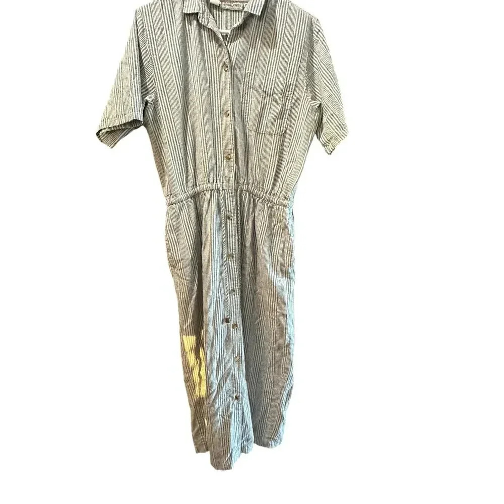 Vintage Gotcha Covered White & Blue Striped Button-Down Midi Dress Size 14